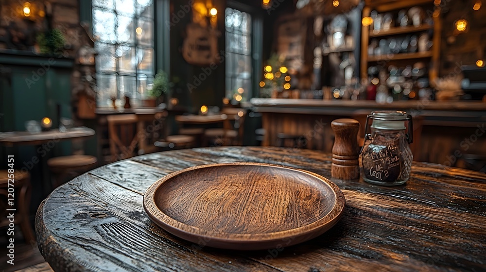 Poster warm and inviting countryside bar scene with a wooden plate placed on a rustic aged wooden table in 