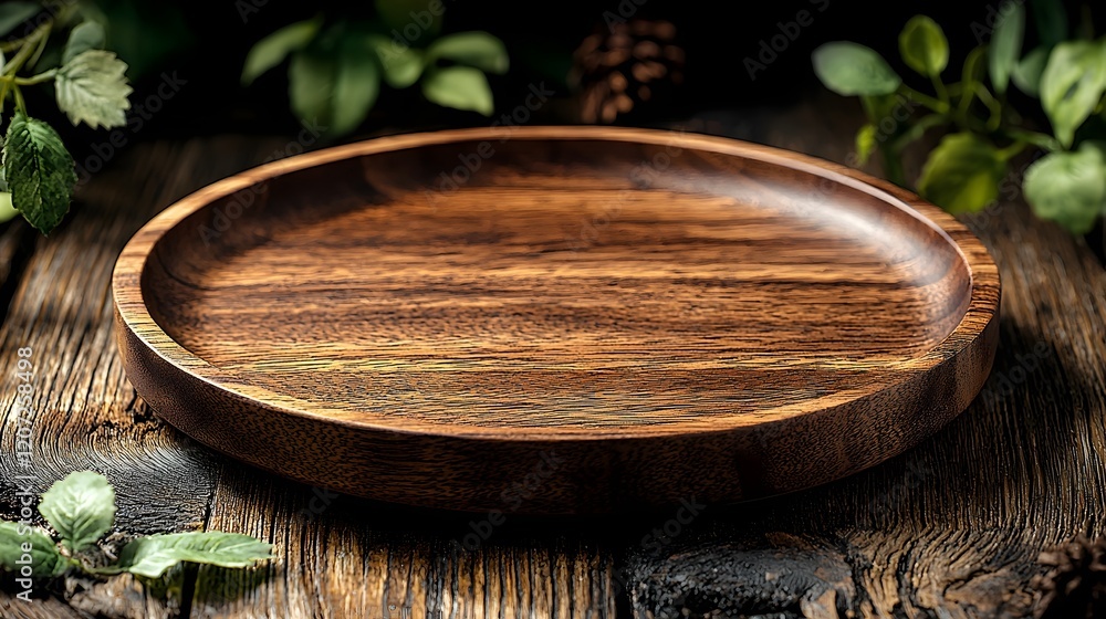 Aufkleber Warm and inviting countryside bar background featuring a weathered wooden plate placed on a rustic vintage style table   an ideal setting for creating cozy