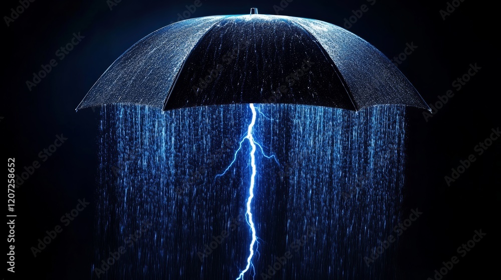 Poster blue umbrella is falling from the sky with a lightning bolt in the middle. concept of danger and unp