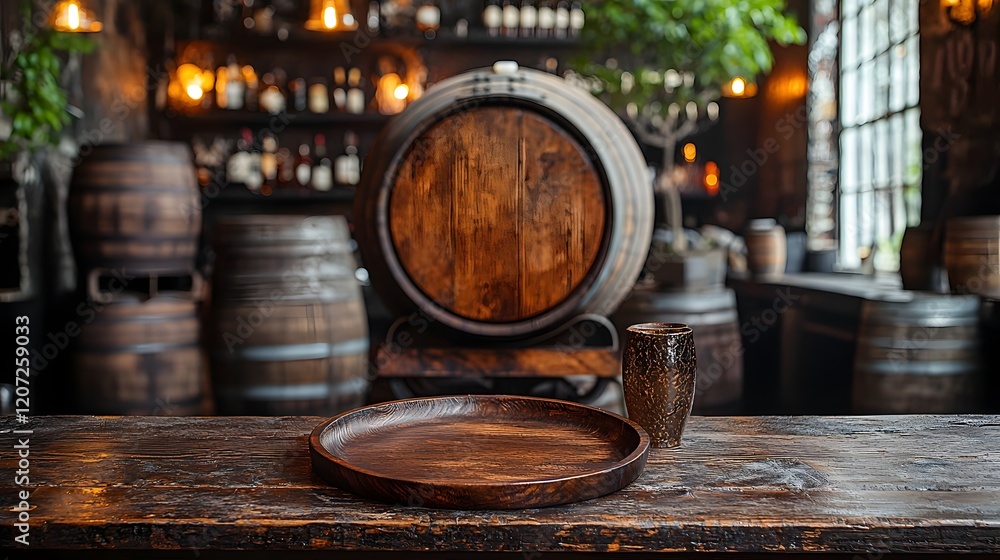 Poster Warm and inviting rustic bar background featuring a wooden table and plate in the foreground surrounded by oak barrels and vintage industrial lighting creating a cozy and elegant atmosphere
