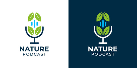 Nature podcast icon logo vector. Farmer agriculture education channel logo. Podcast microphone and green leaf icon logo design illustration template. 