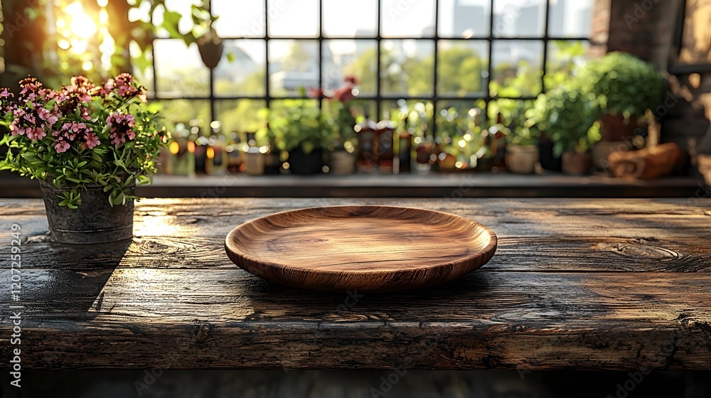 Poster warm and inviting rustic countryside bar background featuring a weathered wooden plate resting on an