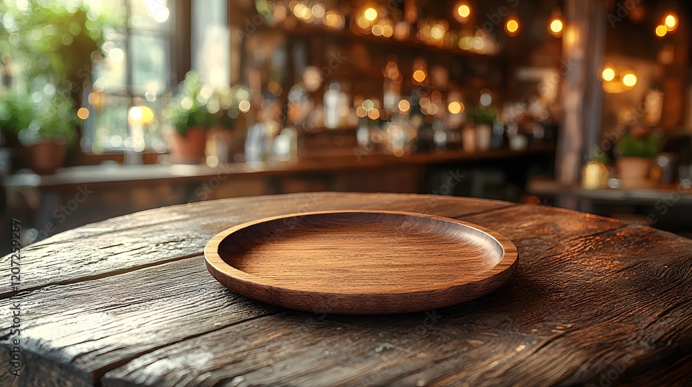 Poster warm and inviting rustic countryside bar setting with a glowing wooden plate in the foreground place