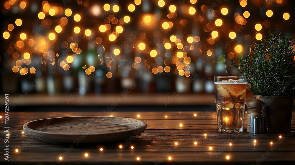 Aufkleber Warm and Inviting Rustic Bar Setting with Wooden Plate and Table Surrounded by Glowing Bokeh Lights Creating a Cozy and Festive Atmosphere for Relaxation and