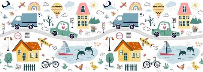 Fototapeta premium a modern seamless pattern,with hand drawn cars, signs, roads, a tree. A cartoon element isolated on a white background. for print, children, paper, print. cute illustration in the style art