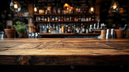 Warm and inviting rustic wooden table surface with a natural finish set against a cozy countryside bar background with soft lighting creating a charming and relaxing ambiance