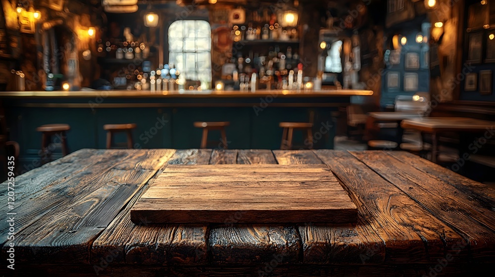 Poster weathered and rustic wooden table board in the foreground set against a warm and inviting countrysid