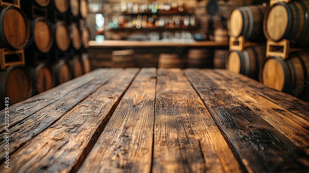 Poster weathered distressed wooden table in the foreground of a cozy countryside bar setting with warm rust