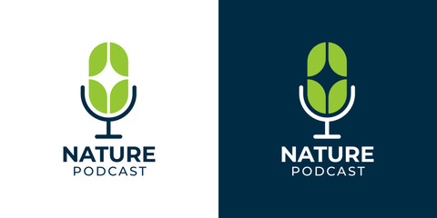 Nature podcast icon logo vector. Farmer agriculture education channel logo. Podcast microphone and green leaf icon logo design illustration template. 