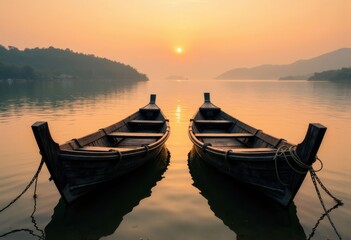 Two boats on water at sunset with mountains in the background
