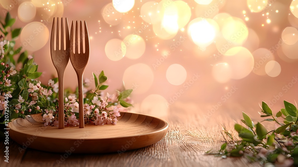 Poster wooden plate and cutlery set surrounded by a soft glowing bokeh effect creating a warm and elegant b
