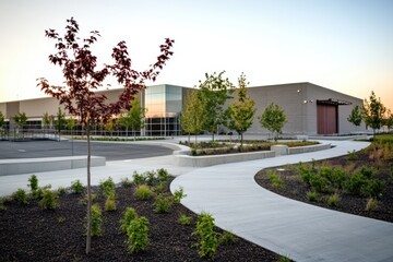 Modern Industrial Building Surrounded by Lush Green Landscaping and Clear Blue Sky at Sunset, Perfect for Corporate and Urban Architecture Projects