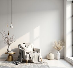 White armchair with throw blanket and pillow in a bright room