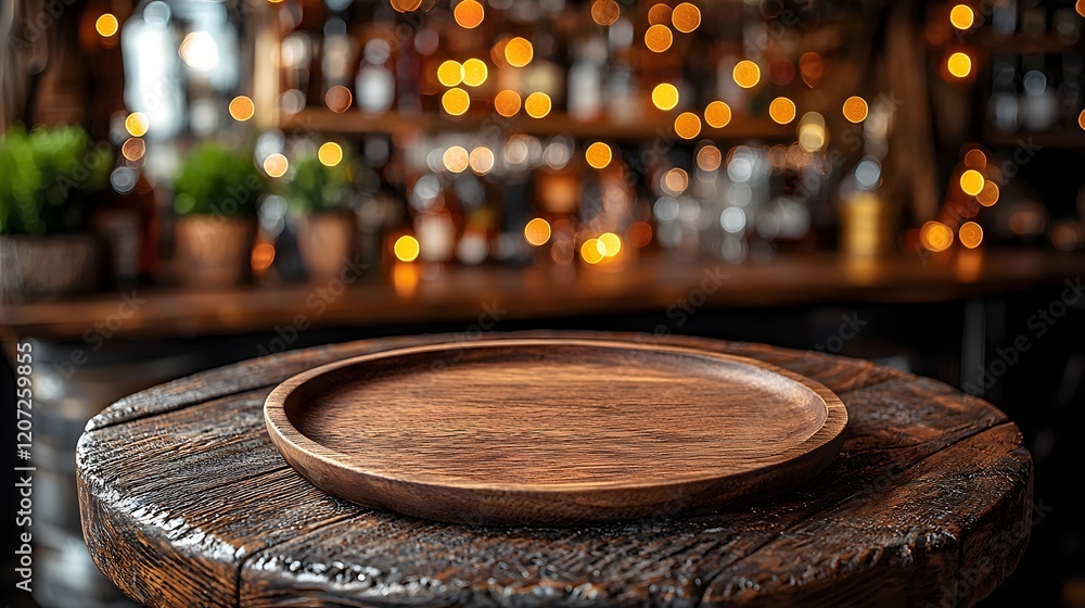Poster wooden plate on a textured table in the foreground of a warm rustic bar scene surrounded by soft glo