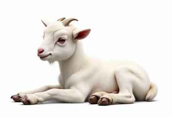 Fototapeta premium White goat kid lying down on white background