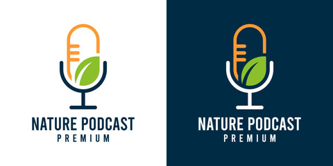 Nature podcast icon logo vector. Farmer agriculture education channel logo. Podcast microphone and green leaf icon logo design illustration template. 