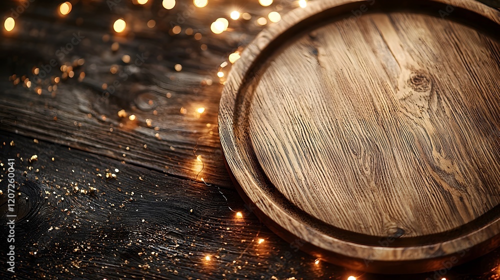 Poster wooden plate positioned with a detailed textured surface and surrounded by soft golden bokeh lights 