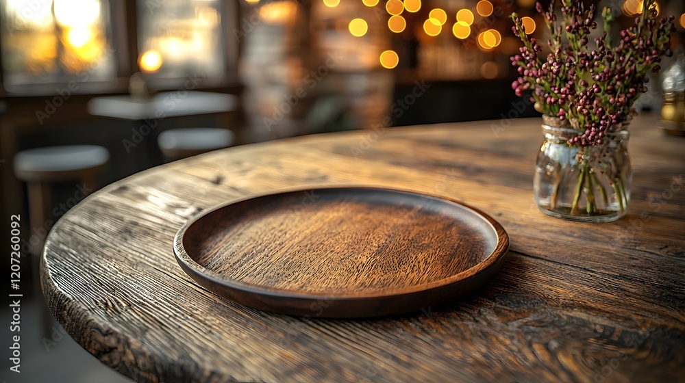 Aufkleber wooden plate resting on a detailed rustic wooden table set in the foreground of a warm inviting coun