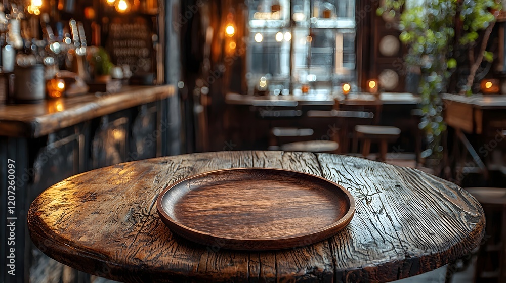 Poster wooden plate resting on a natural wood table in a cozy rustic bar setting surrounded by warm lightin