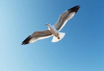 White gull with black tipped wings against blue sky