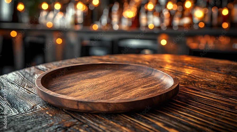 Leinwandbilder wooden plate resting on a textured rustic wooden table surrounded by a warm glowing bokeh of soft li