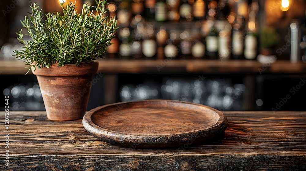 Fototapete Wooden table with a rustic plate in the foreground set against a warm and inviting countryside bar backdrop with natural textures and lighting creating a cozy and homely atmosphere