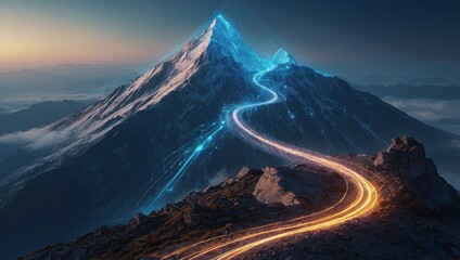 A digital abstract mountain with a glowing path leading to the top, symbolizing the journey to success