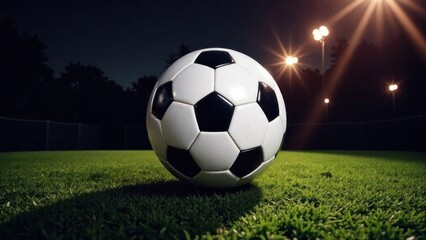 Fototapeta premium Soccer ball resting on lush green field at night under stadium lights