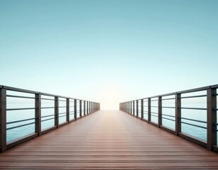 Obraz premium Wooden boardwalk with metal railings over water