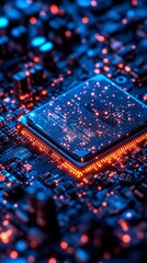 Macro shot of a glowing AI chip emitting colorful light beams, symbolizing advanced computing power. Designed for tech banners, AI events, and advertising campaigns.