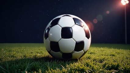 Fototapeta premium Soccer ball resting on lush green field at night under stadium lights
