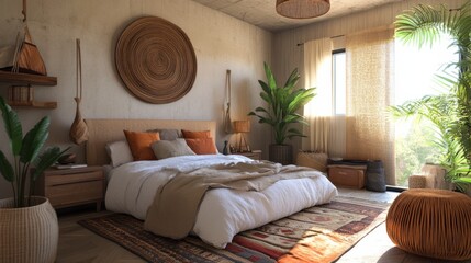 A minimalist bohemian fusion style with neutral tones, layered textiles, earthy textures, and subtle natural accents like woven rugs and potted plants