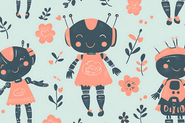 Playful robot characters in a whimsical floral pattern, showcasing creativity and fun design elements