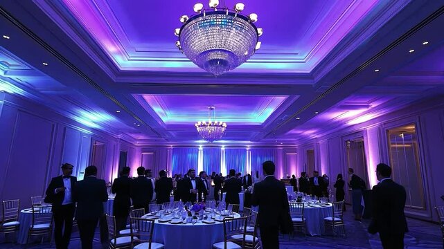 Elegant Ballroom Event Under Purple Lighting