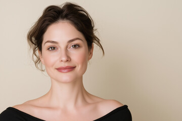 Fototapeta premium Caucasian woman with perfect skin smiling on beige backdrop, cosmetics advertise concept