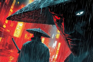A rainy rooftop standoff, the detective holding a katana instead of a gun, facing off against a shadowy figure wearing a traditional noh mask
