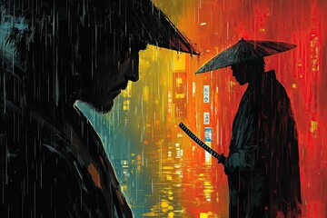 A rainy rooftop standoff, the detective holding a katana instead of a gun, facing off against a shadowy figure wearing a traditional noh mask