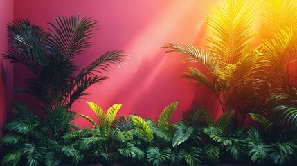 Tropical Sunset with Lush Greenery and Palm Trees