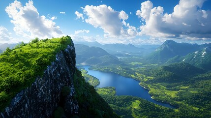 Naklejka premium Scenic Overlook of Lush Green Hills and Serene Blue Water Landscape