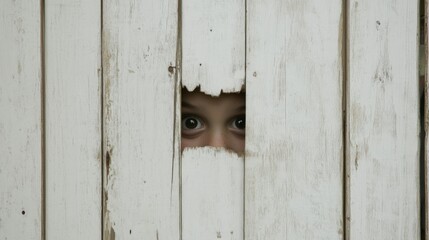 Child's eyes peering through hole in weathered fence.