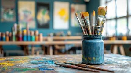 Fototapeta premium Paintbrushes in a Jar in an Art Studio