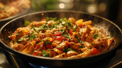 Fototapeta premium Close-up of a skillet of creamy chicken pasta with tomatoes and parsley