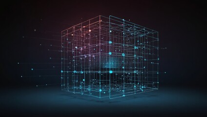 A dynamic data cube with a futuristic wireframe design, symbolizing big data visualization on a dark gradient backdrop