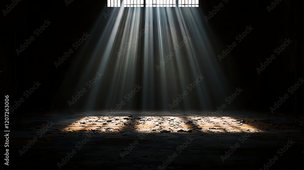 Poster light rays streaming through grates in dark abandoned space