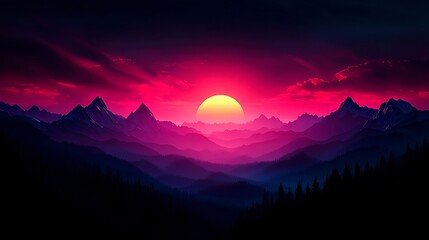Vibrant Sunset Over Majestic Mountains with Dark Forest Silhouette