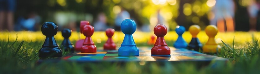 Colorful game pieces arranged on grass during a sunny day.