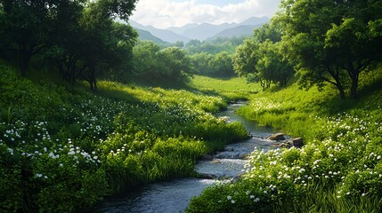 Fototapeta premium Lush Green Valley with Flowing Stream and Blooming Wildflowers