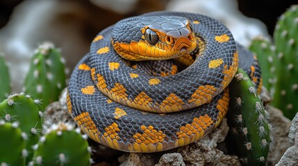 Obraz premium Coiled snake, vibrant colors, cactus background.