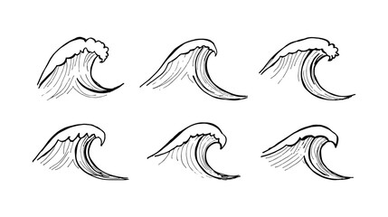 Set of cartoon doodle hand-drawn wave illustrations vector elements.