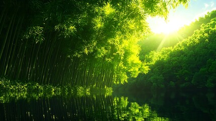 Obraz premium Serene Bamboo Forest Reflecting in Tranquil Waters at Sunset